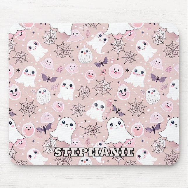 Pink Ghosts & Halloween Elements Seamless Pattern Mouse Pad (Front)