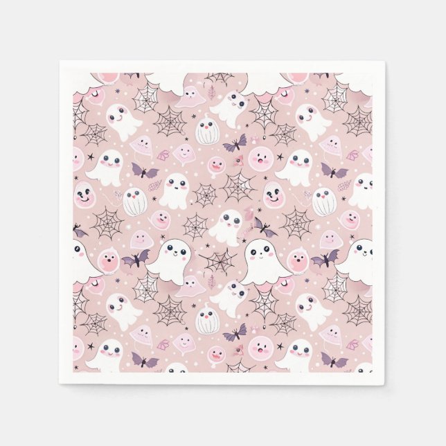 Pink Ghosts & Halloween Elements Seamless Pattern Napkin (Front)