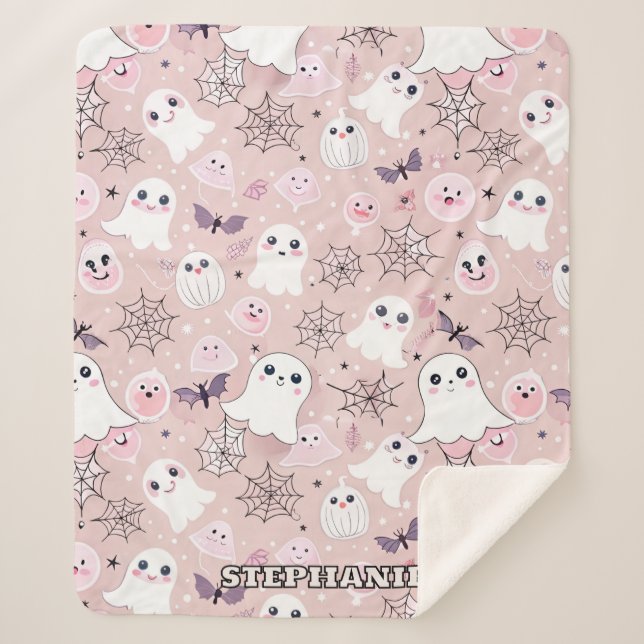 Pink Ghosts & Halloween Elements Seamless Pattern Sherpa Blanket (Front)
