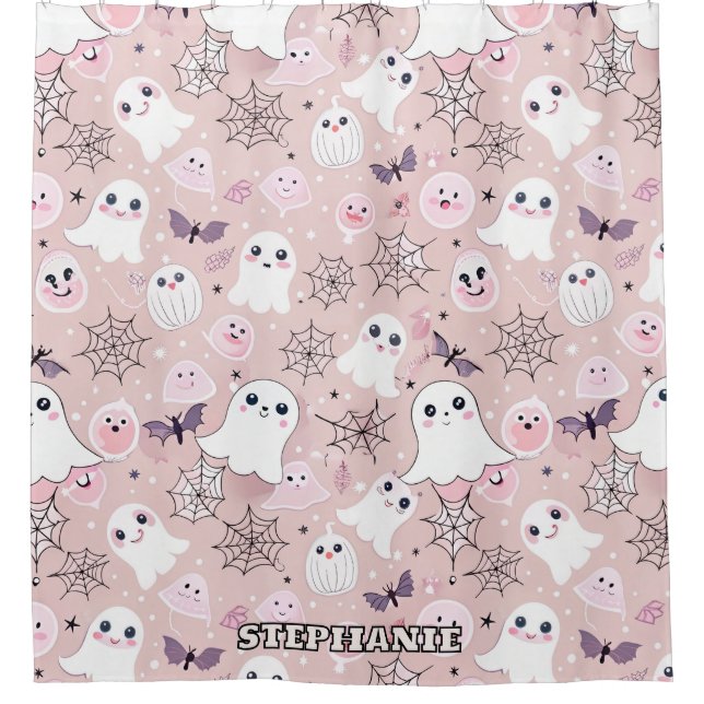 Pink Ghosts & Halloween Elements Seamless Pattern Shower Curtain (Front)