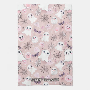 Pink Ghosts & Halloween Elements Seamless Pattern Tea Towel