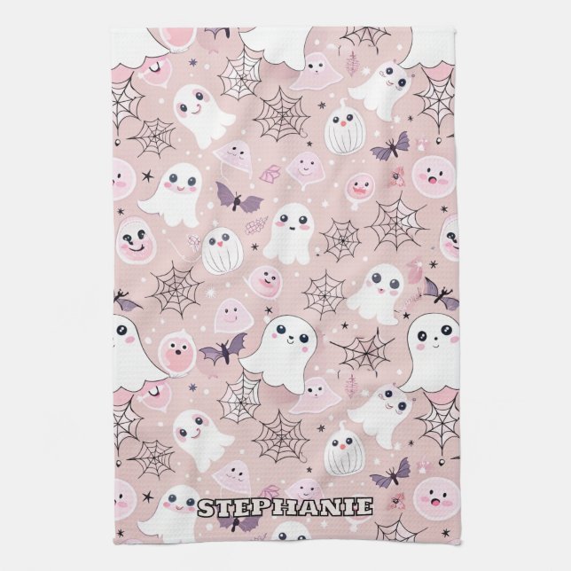 Pink Ghosts & Halloween Elements Seamless Pattern Tea Towel (Vertical)