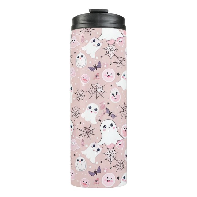 Pink Ghosts & Halloween Elements Seamless Pattern Thermal Tumbler (Front)