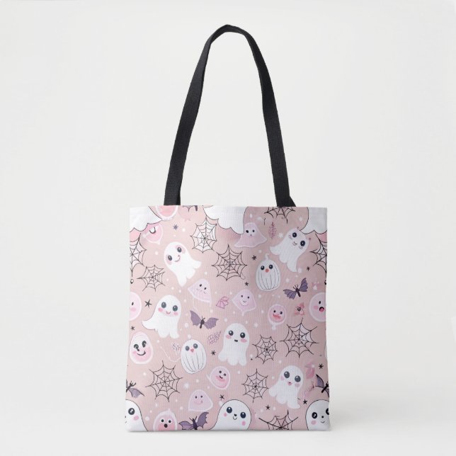 Pink Ghosts & Halloween Elements Seamless Pattern Tote Bag (Front)