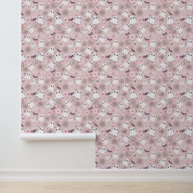 Pink Ghosts & Halloween Elements Seamless Pattern Wallpaper (Application)
