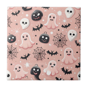 Pink Ghosts & Halloween Seamless Pattern Ceramic Tile