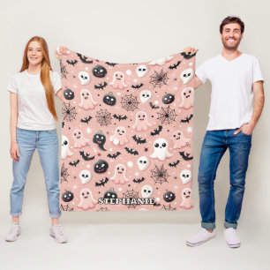 Pink Ghosts & Halloween Seamless Pattern Fleece Blanket