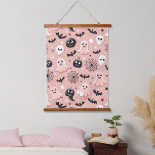 Pink Ghosts & Halloween Seamless Pattern Hanging Tapestry