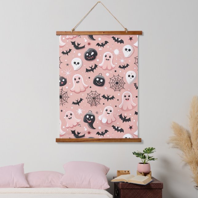 Pink Ghosts & Halloween Seamless Pattern  Hanging Tapestry (Bedroom)