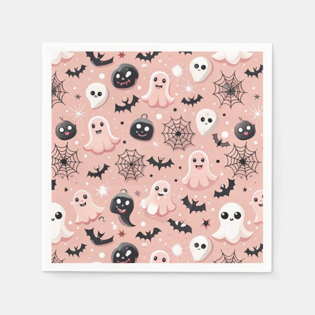 Pink Ghosts & Halloween Seamless Pattern  Napkin (Front)