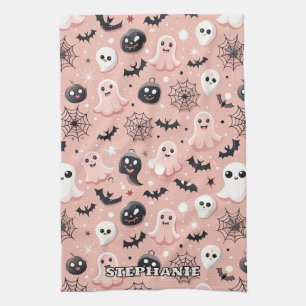 Pink Ghosts & Halloween Seamless Pattern Tea Towel