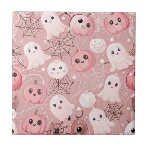 Pink Ghosts & Pumpkins Whimsical Halloween Ceramic Tile