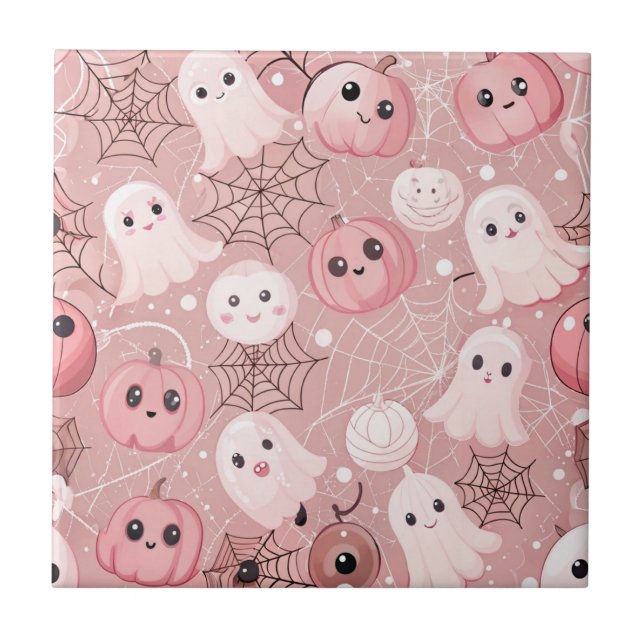 Pink Ghosts & Pumpkins Whimsical Halloween Ceramic Tile (Front)