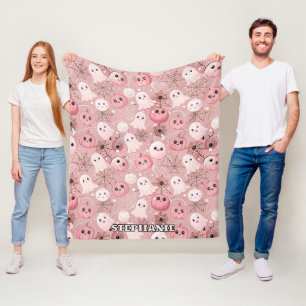 Pink Ghosts & Pumpkins Whimsical Halloween Fleece Blanket