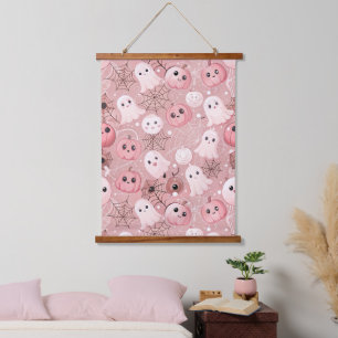 Pink Ghosts & Pumpkins Whimsical Halloween Hanging Tapestry