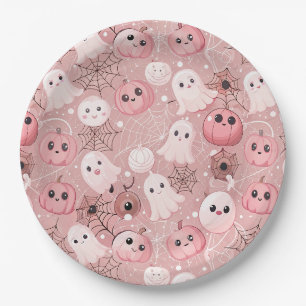 Pink Ghosts & Pumpkins Whimsical Halloween Paper Plate