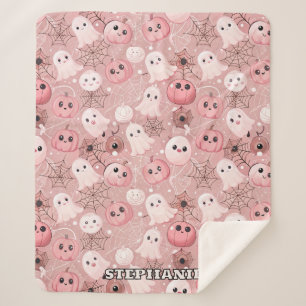 Pink Ghosts & Pumpkins Whimsical Halloween Sherpa Blanket
