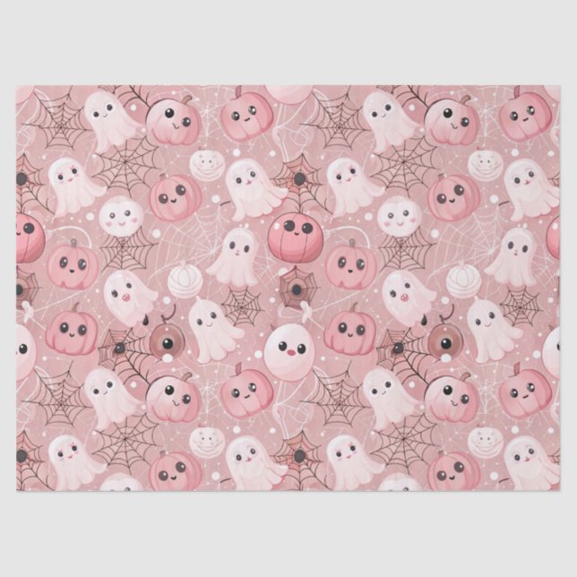 Pink Ghosts & Pumpkins Whimsical Halloween Tissue Paper (Front)