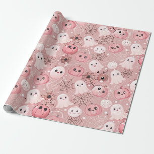 Pink Ghosts & Pumpkins Whimsical Halloween Wrapping Paper