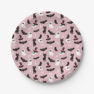 Pink Ghosts Skulls Ravens Cats Halloween Patterns Paper Plate