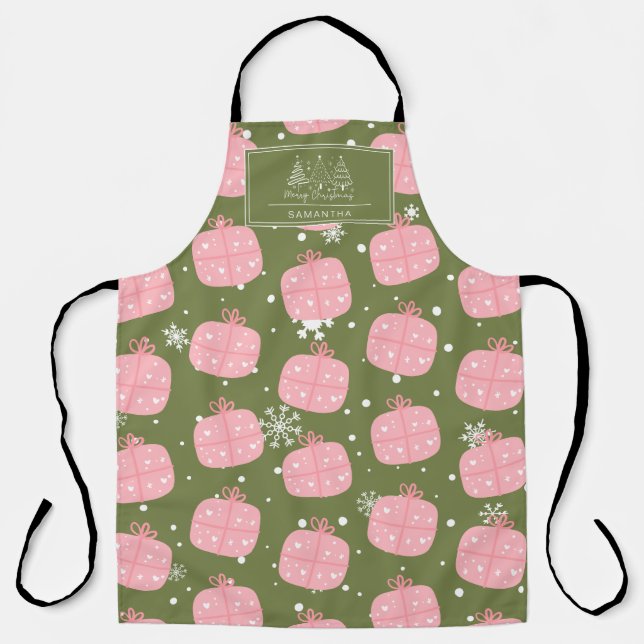 Pink Gift Box Olive Green Christmas Snowflake Apron (Front)