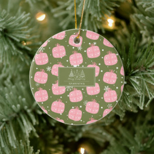 Pink Gift Box Olive Green Christmas Snowflake Ceramic Ornament