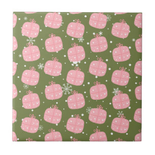 Pink Gift Box Olive Green Christmas Snowflake Ceramic Tile