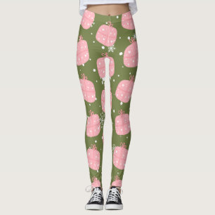 Pink Gift Box Olive Green Christmas Snowflake Leggings