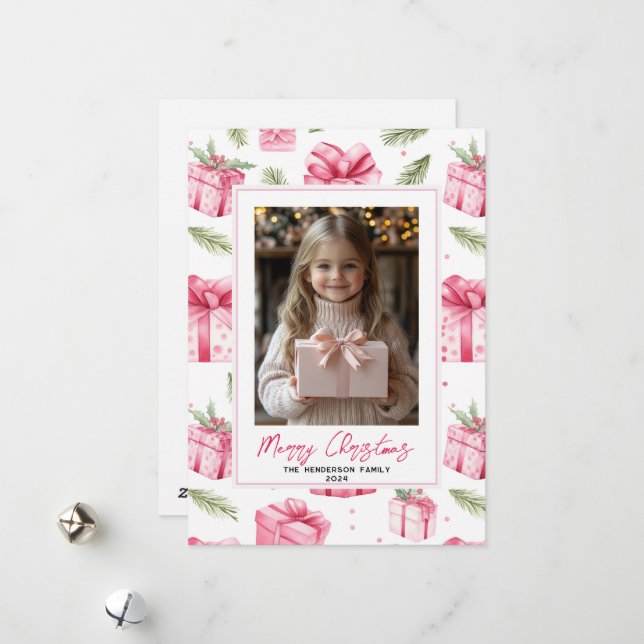 Pink Gifts & Bows Custom Christmas Photo & Name Holiday Card (Front/Back In Situ)