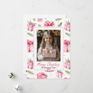 Pink Gifts & Bows Custom Christmas Photo & Name Holiday Card