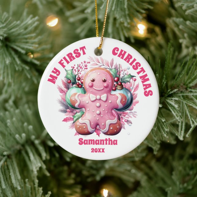 Pink Gingerbread Baby's First Christmas Ornament (Tree)
