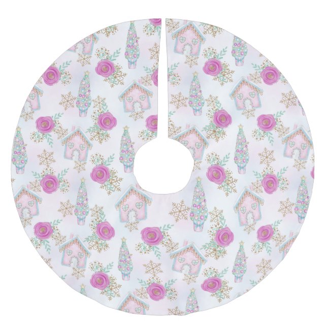 Pink Gingerbread Christmas Brushed Polyester Tree Skirt (Front)