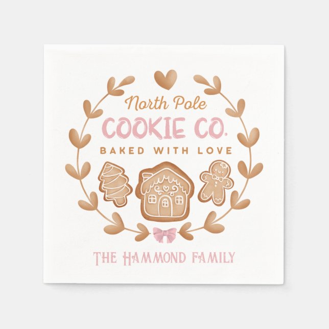 Pink Gingerbread Christmas Cookies Family Name Napkin (Front)