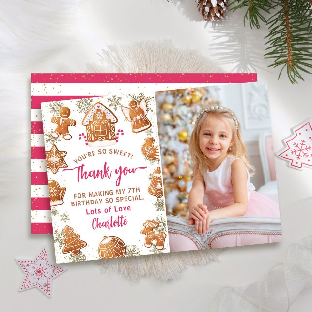 Pink Gingerbread Cookie Decorating Birthday Photo Thank You Card (Creator Uploaded)