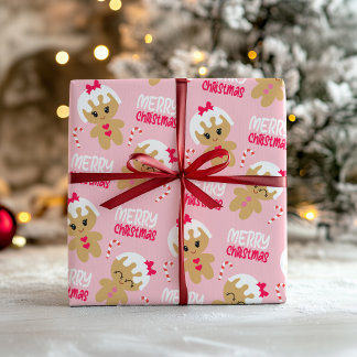 Pink Gingerbread Girl Christmas Wrapping Paper