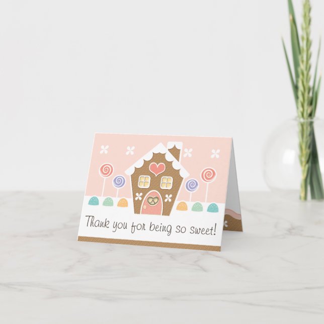 PINK GINGERBREAD HOUSE  BABY SHOWER THANK YOU CARD (Front)