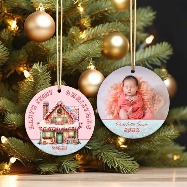Pink Gingerbread House Baby's First Christmas Ceramic Ornament (Creator Uploaded)