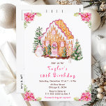 Pink Gingerbread House Birthday Party Postcard<br><div class="desc">This elegant and festive birthday party invitation features a watercolor gingerbread house and beautiful pink poinsettia flowers. The text combines handwritten script and sans serif fonts for a stylish and modern look. The snowman, decorated pine trees and holiday wreath add a festive touch. This is perfect for Christmas birthday parties....</div>