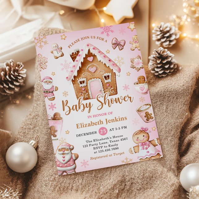 Pink Gingerbread House Christmas Baby Shower Invitation (Creator Uploaded)