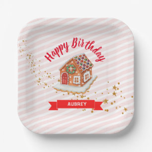 Pink Gingerbread House Christmas Birthday Paper Plate