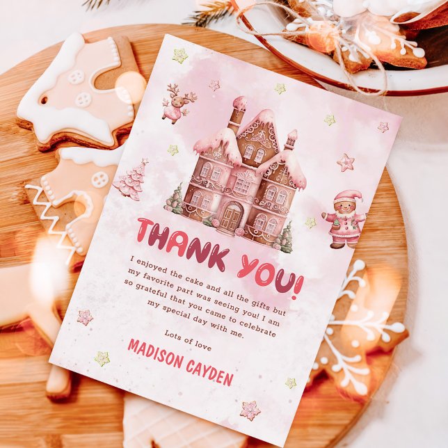 Pink Gingerbread House Christmas Birthday Thank You Card (Creator Uploaded)