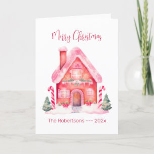 Pink Gingerbread House Christmas Card