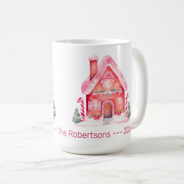 Pink Gingerbread House Christmas Coffee Mug (Front Right)