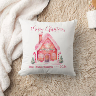Pink Gingerbread House Christmas Cushion