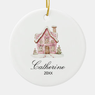Pink Gingerbread House Christmas Custom Name Ceramic Ornament