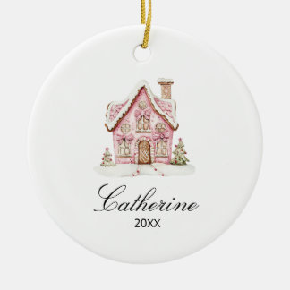 Pink Gingerbread House Christmas Custom Name Ceramic Ornament