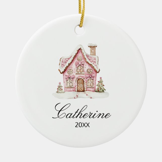Pink Gingerbread House Christmas Custom Name Ceramic Ornament (Front)