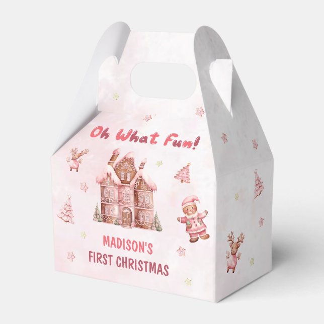 Pink Gingerbread House Christmas First Birthday Favour Box (Front Side)