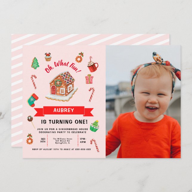 Pink Gingerbread House Christmas First Birthday In Invitation (Front/Back)