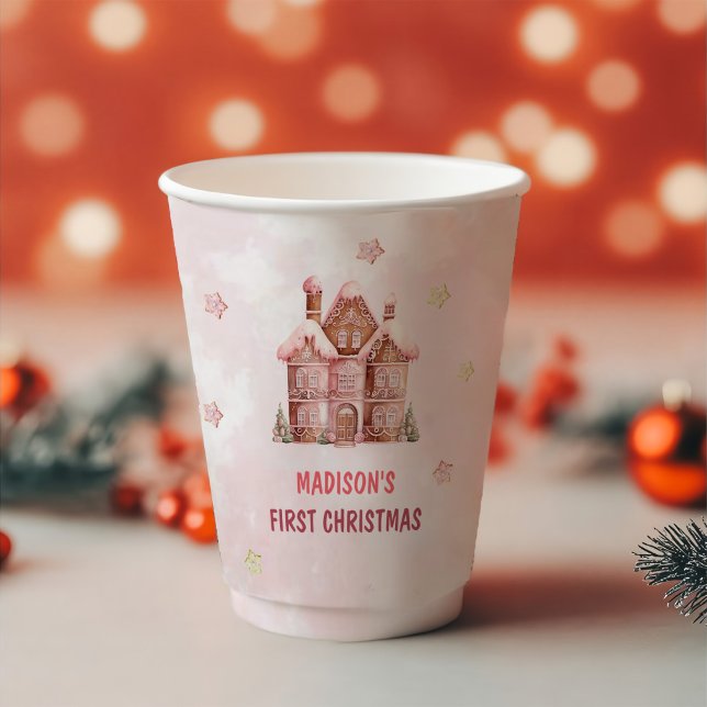 Pink Gingerbread House Christmas First Birthday Paper Cups (Creator Uploaded)